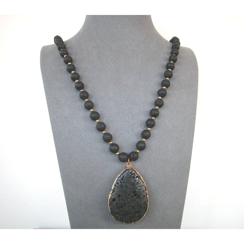 Black Lava Rock Necklace With Gold Trimmed Teardrop Pendant 30"